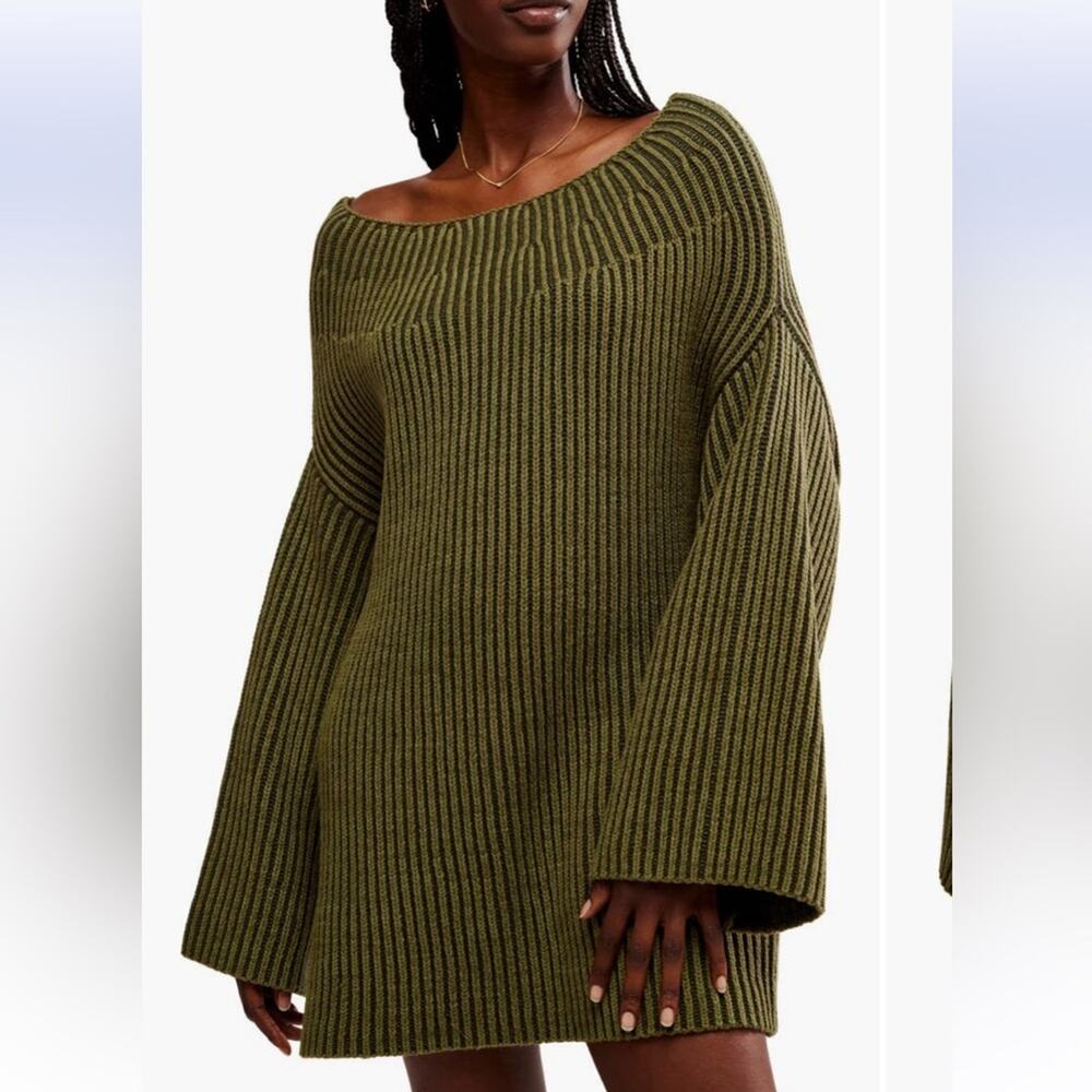New Free People Boat Neck Olive Green Long Sleeve Knit Tunic Sweater Medium